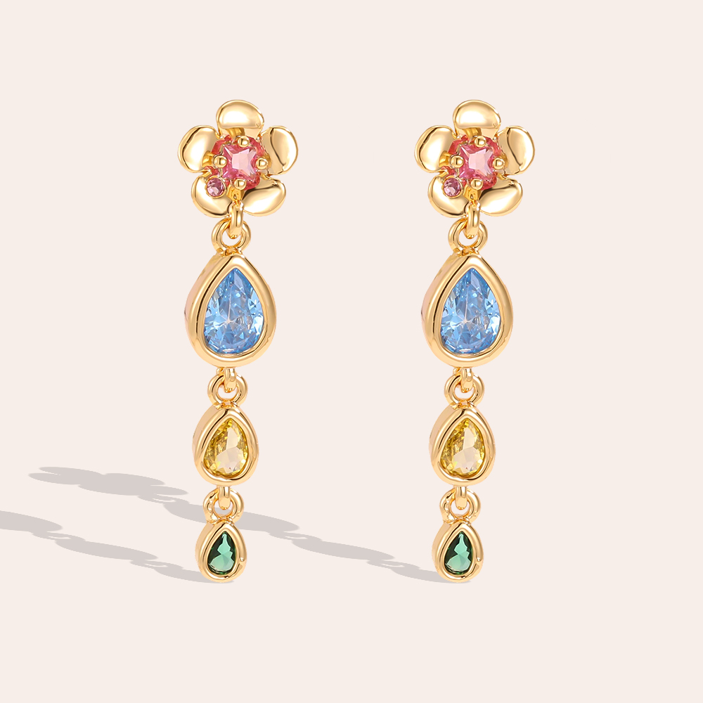30mm zirconia flowers and coloured drops gold-plated earrings   