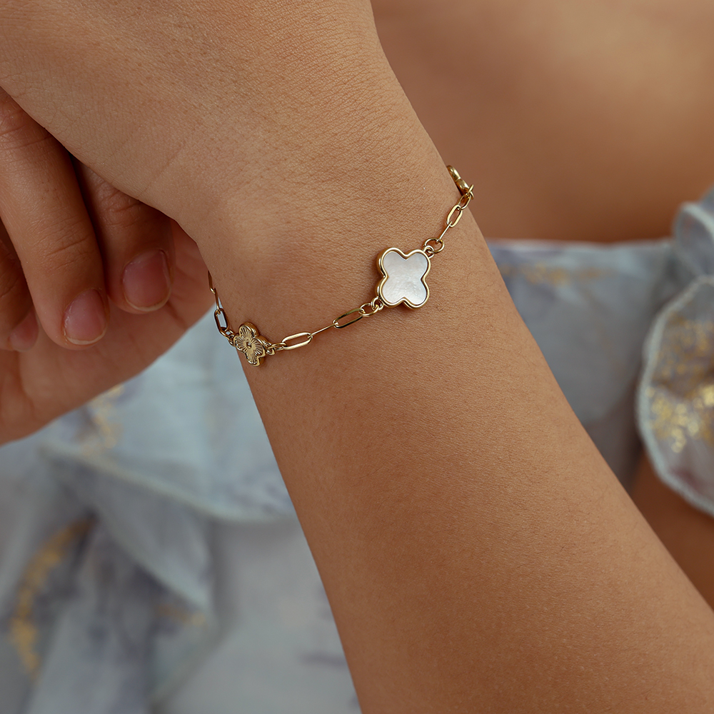17cm mother-of-pearl four-leaf clover flower stainless steel bracelet  