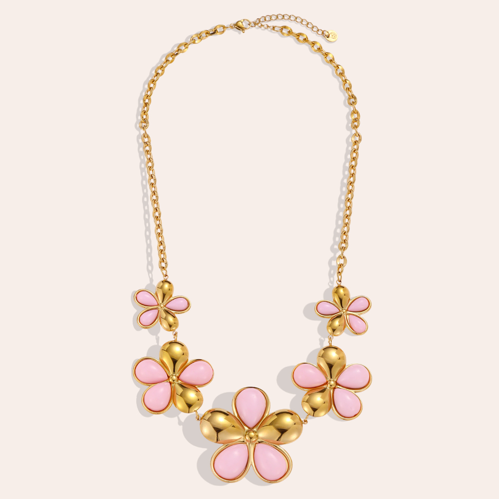 Stainless steel necklace 47cm pink flower