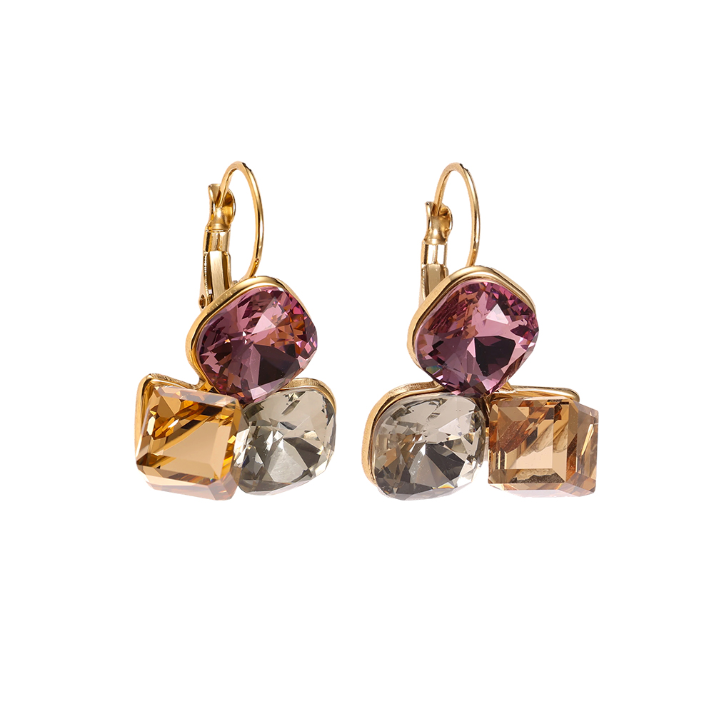 Stainless steel earrings, 30 × 21 mm. Three large glass stones in different colours