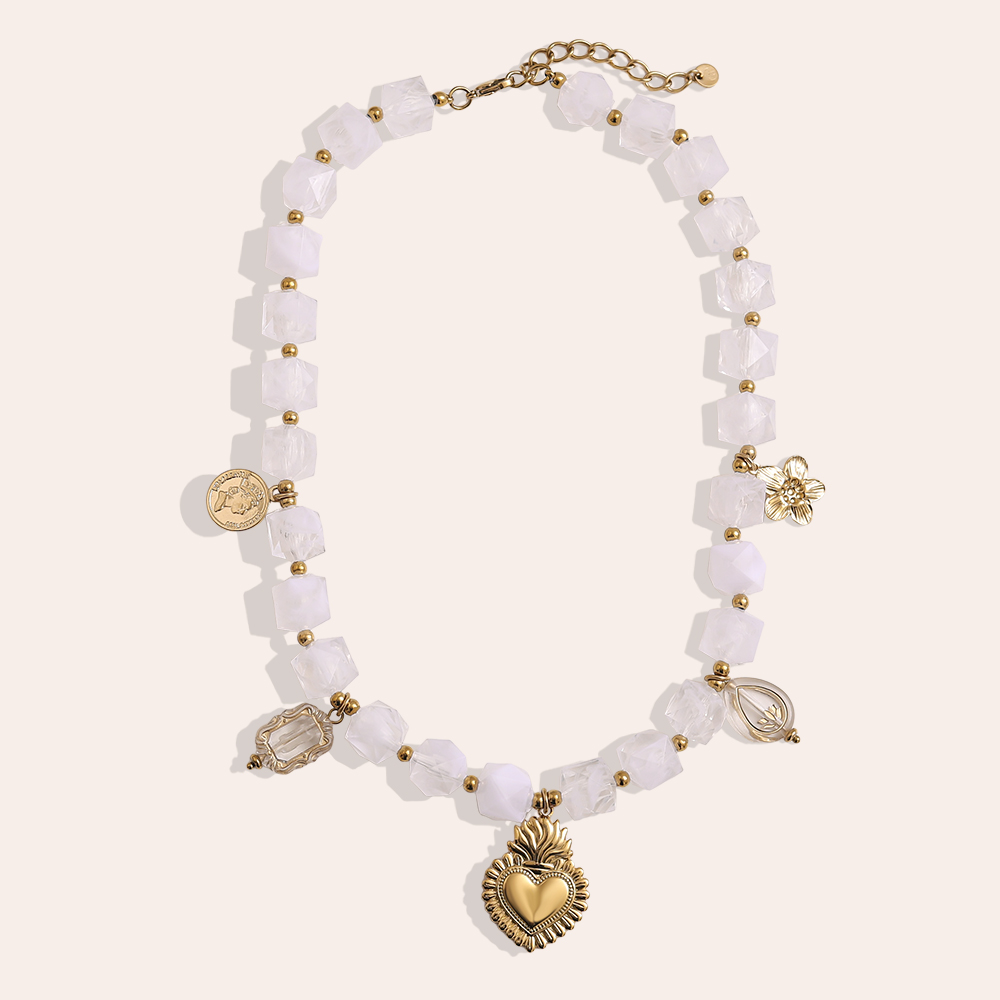 45cm chain with small acrylic cubes and golden flower, heart stainless steel necklace  