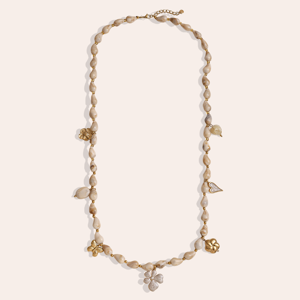 89cm necklace with resin drops and golden butterfly, flower, heart stainless steel necklace     