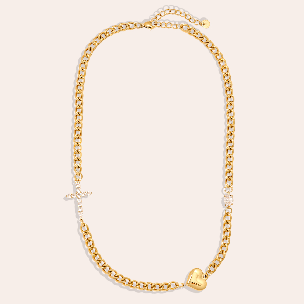 45cm Heart And Diamond Cross Stainless Steel Necklace        