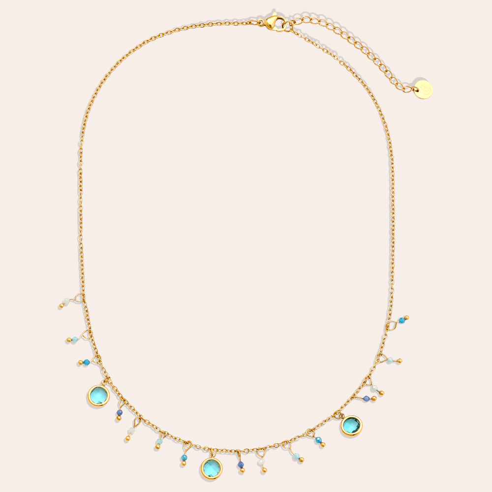 40cm blue glass beads and blue crystals stainless steel necklace  