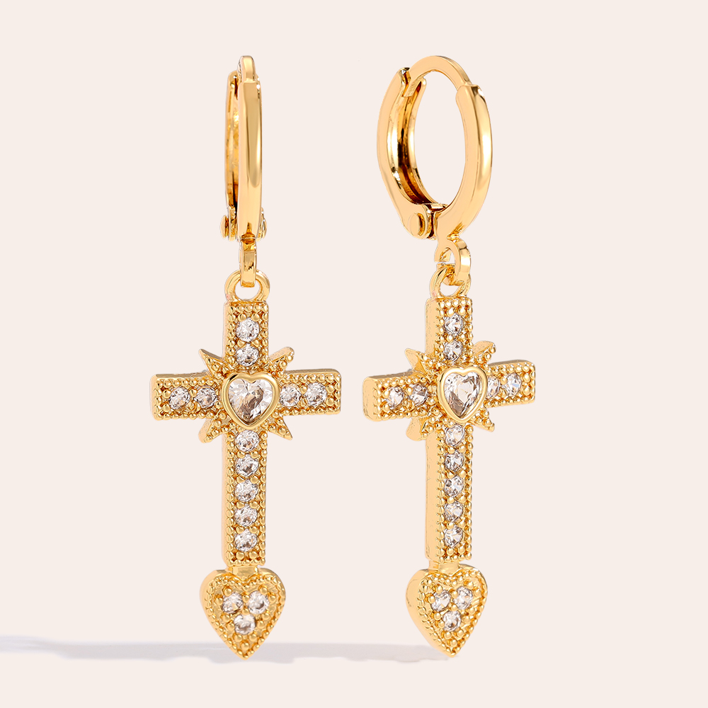 3.9cm Diamond Cross And Heart Gold Plated Earrings      