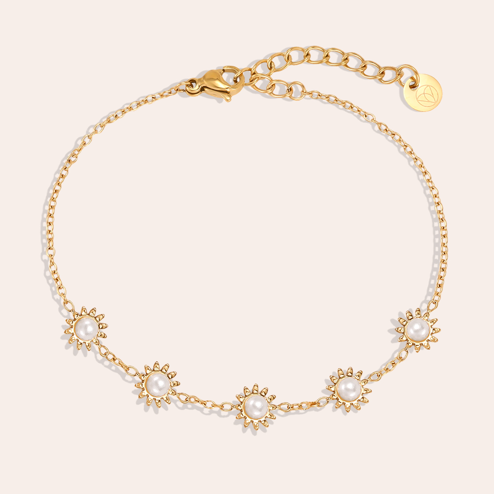 Stainless steel bracelet 17cm five sunflowers with faux pearls  