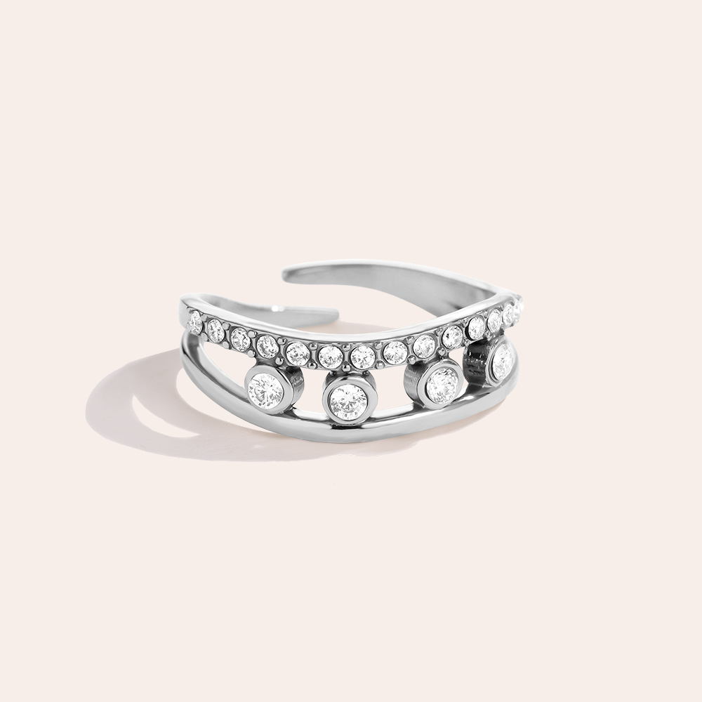 Four Diamond Dots In Line stainless steel ring     Four Diamond Dots In Line stainless steel ring
