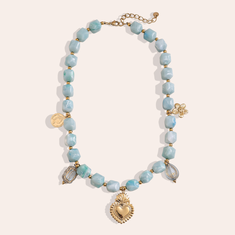 45cm chain with small acrylic cubes and golden flower, heart stainless steel necklace  