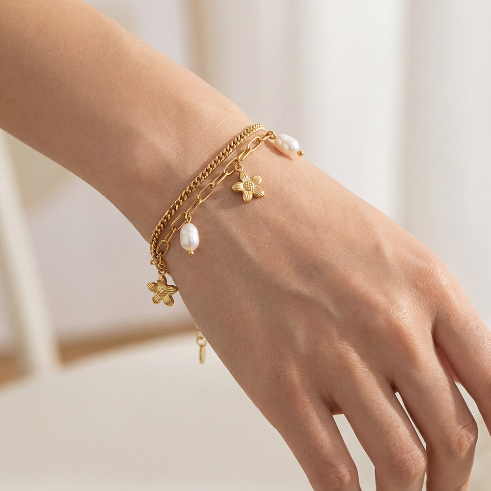 Stainless steel bracelet 17cm double row with golden flower and pearls