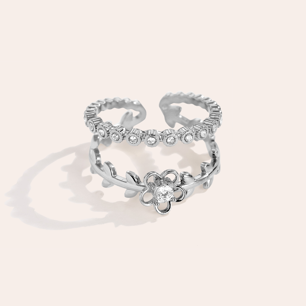 Adjustable double zirconia flower stainless steel ring 