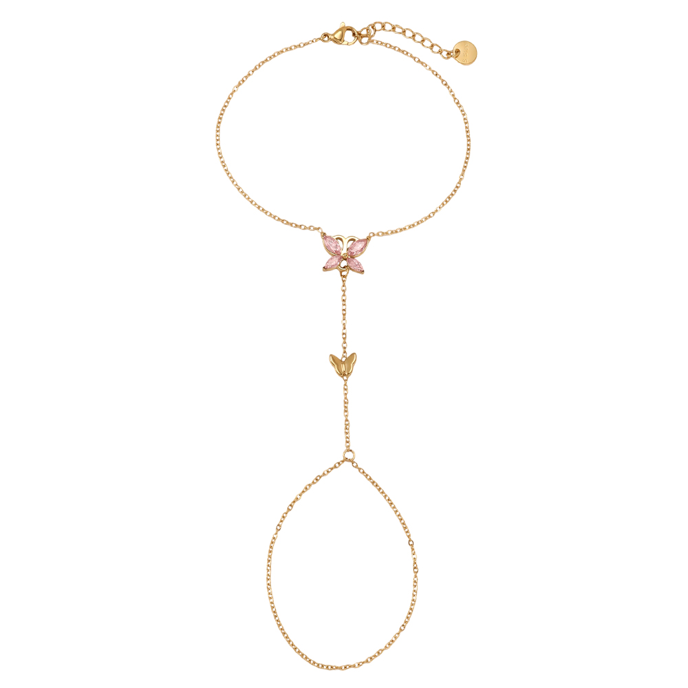 16cm pink zirconia butterfly hand chain stainless steel bracelet    