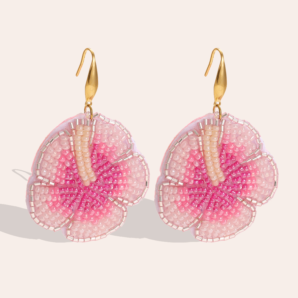 65mm Pink Beads Flowers Stainless Steel Earrings