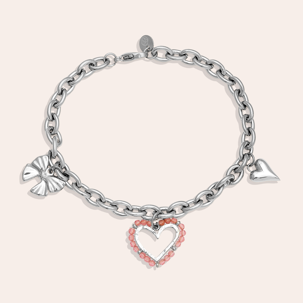 17cm Pink Heart And Charms stainless steel bracelet       