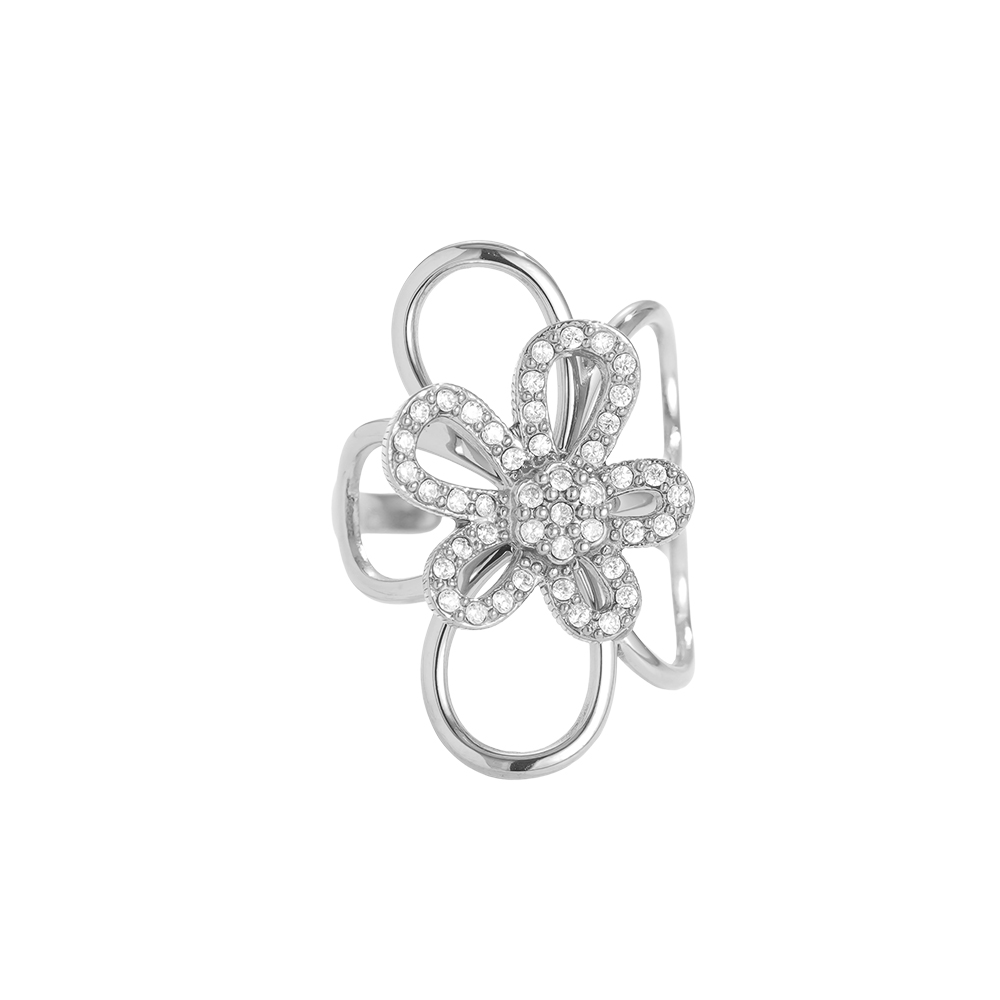 Adjustable rhinestone flower stainless steel ring    