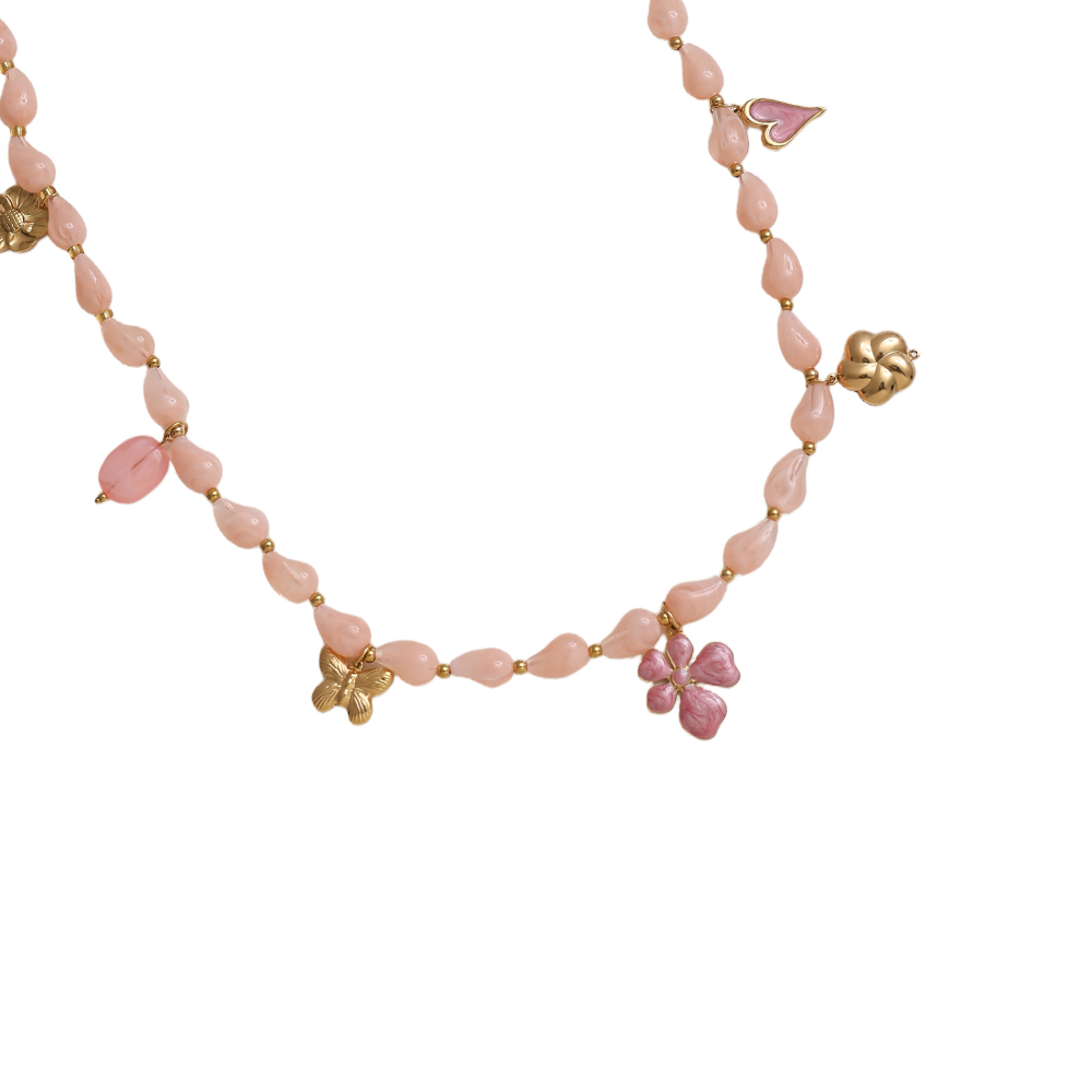 89cm necklace with resin drops and golden butterfly, flower, heart stainless steel necklace     