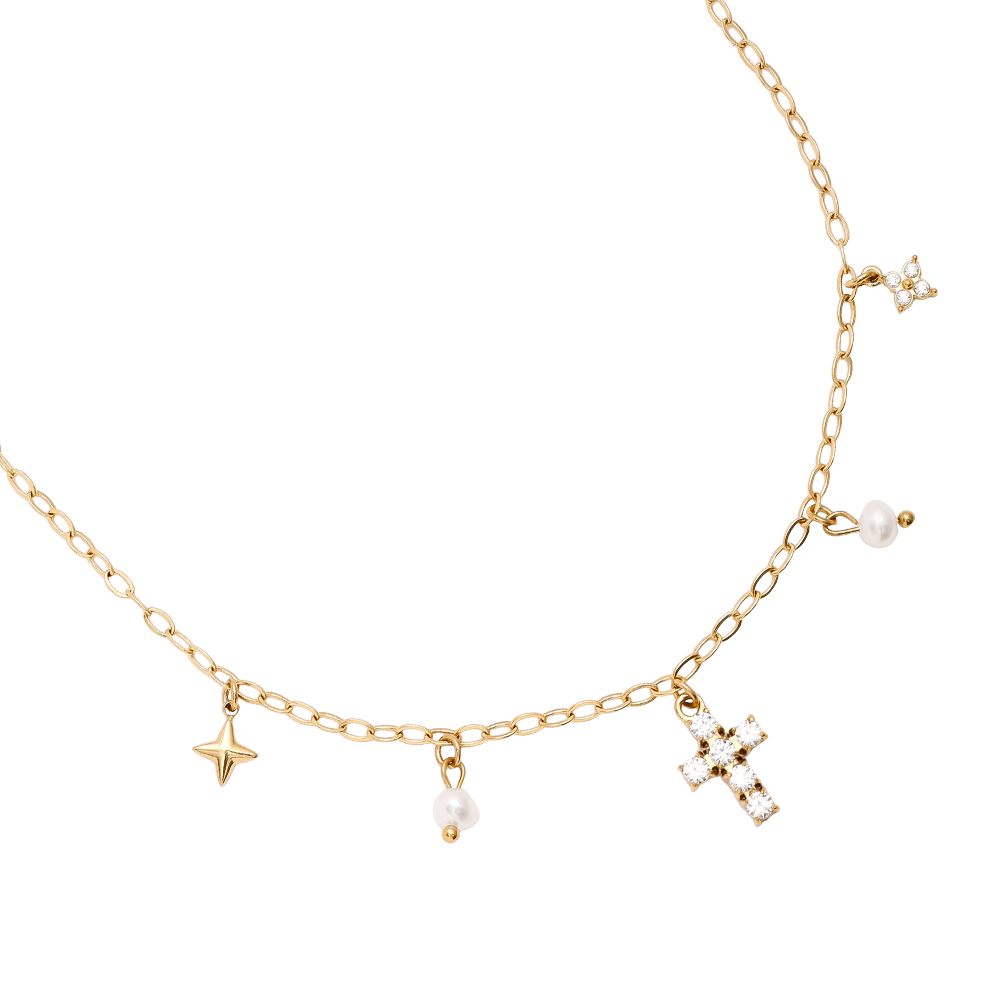 40cm Diamond Cross And Charms Stainless Steel Necklace   
