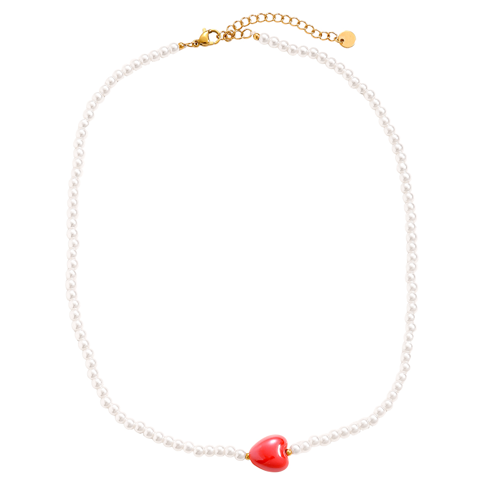 40cm Red Heart In Small Pearl Chain Stainless Steel Necklace 