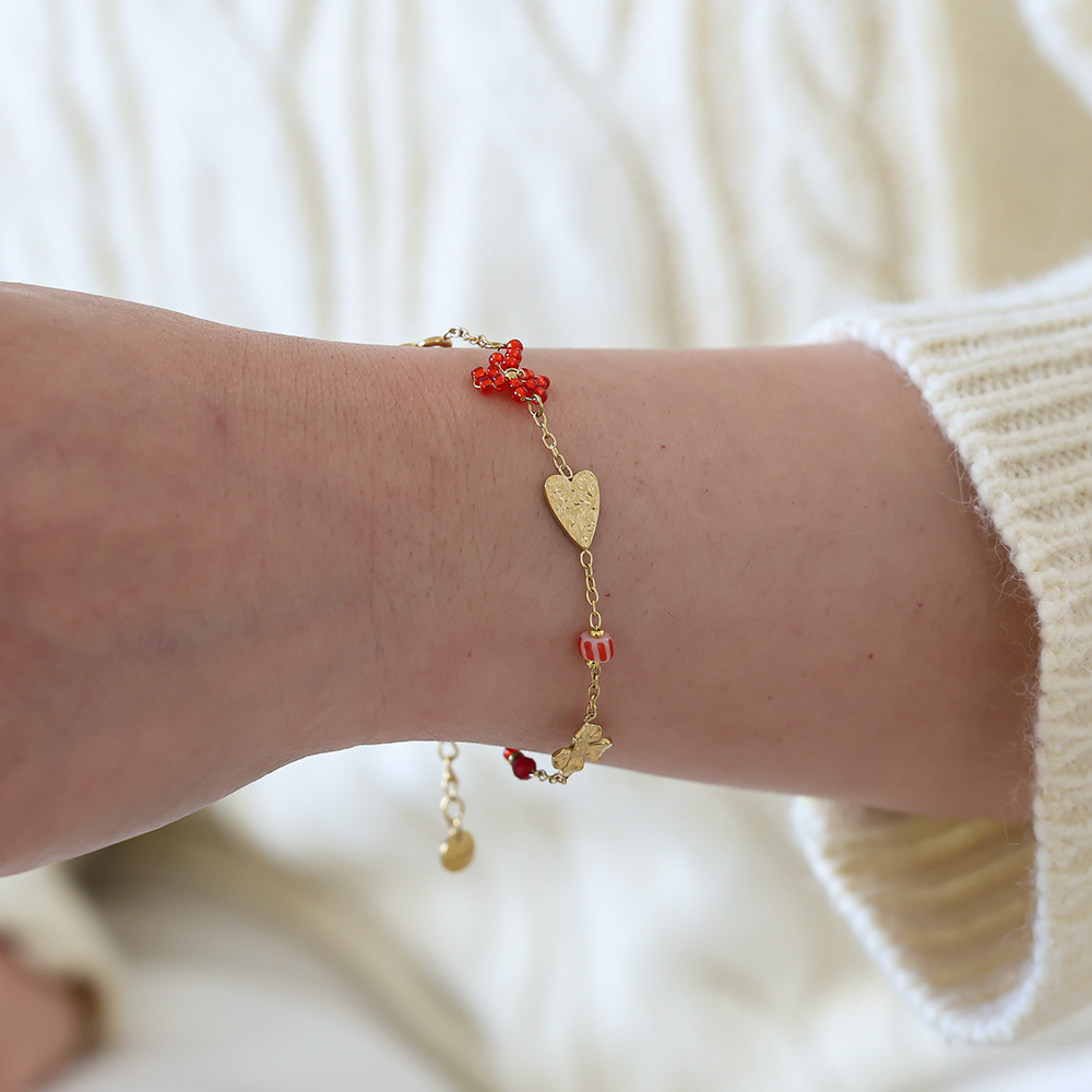 16cm heart, cloverleaf and flower beads stainless steel bracelet