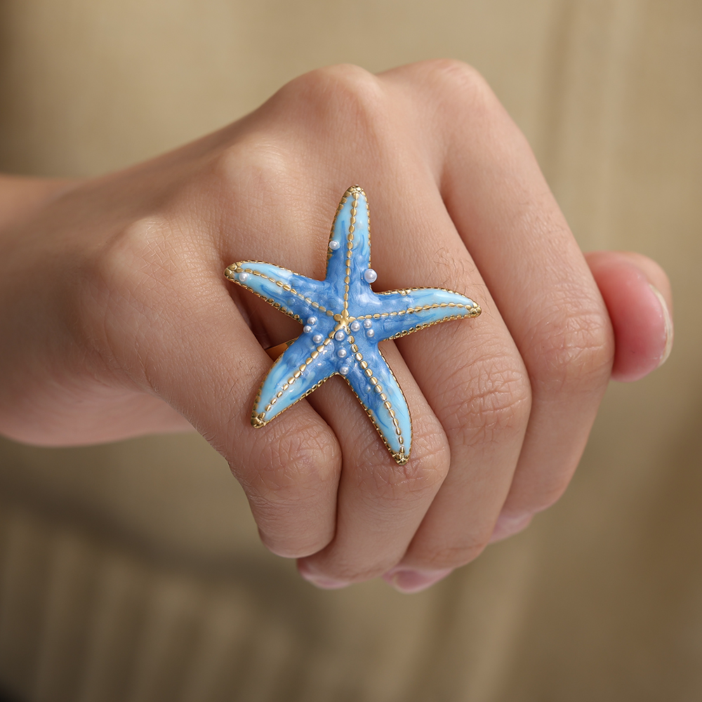 Large blue starfish stainless steel ring    
