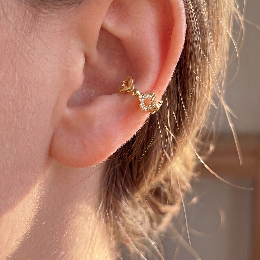 15mm cloverleaf zirconia gold-plated ear cuffs
