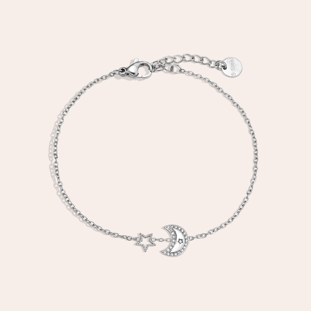 17cm Diamond Moon And Star stainless steel bracelet 