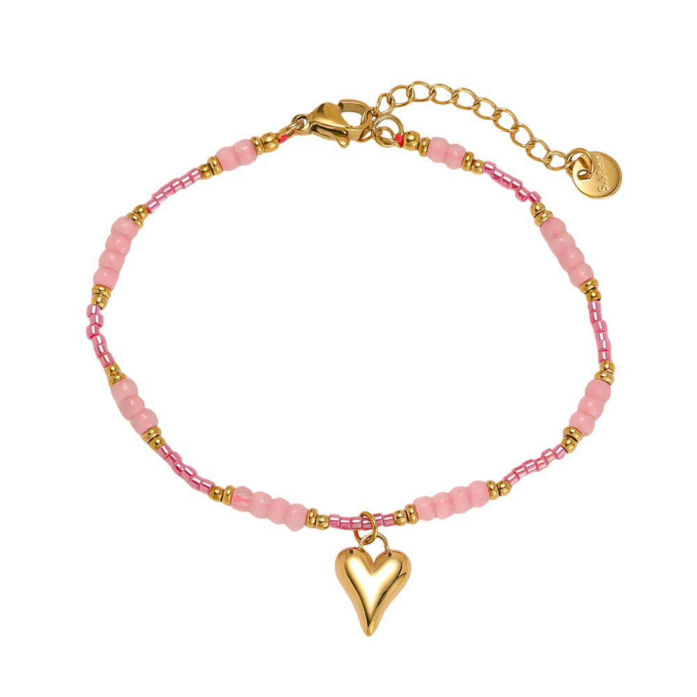 17cm pink pearl strand and heart stainless steel bracelet   