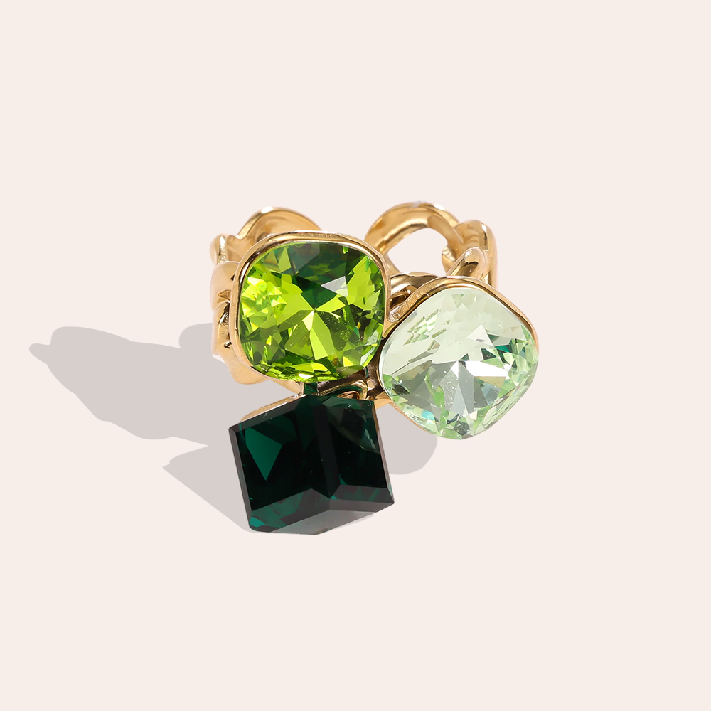 Stainless steel ring, adjustable, with three large glass stones in different colours