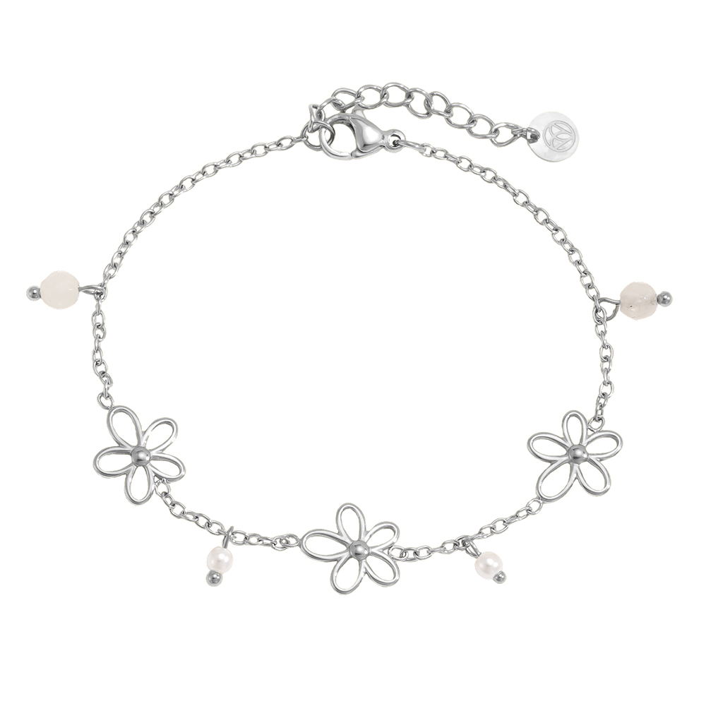 Stainless steel bracelet 17cm Simple flowers and beads