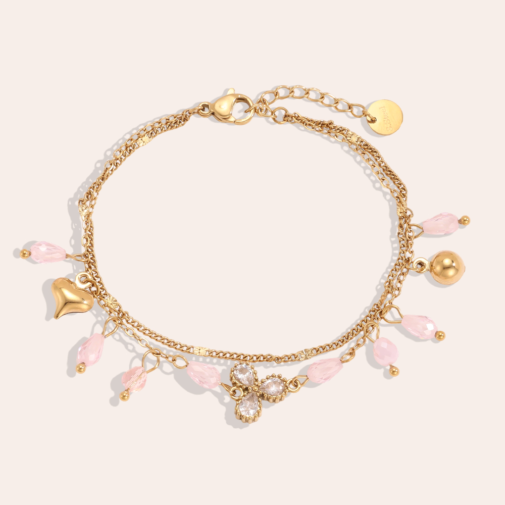 Stainless steel bracelet 17cm double-layered with rhinestones and glass