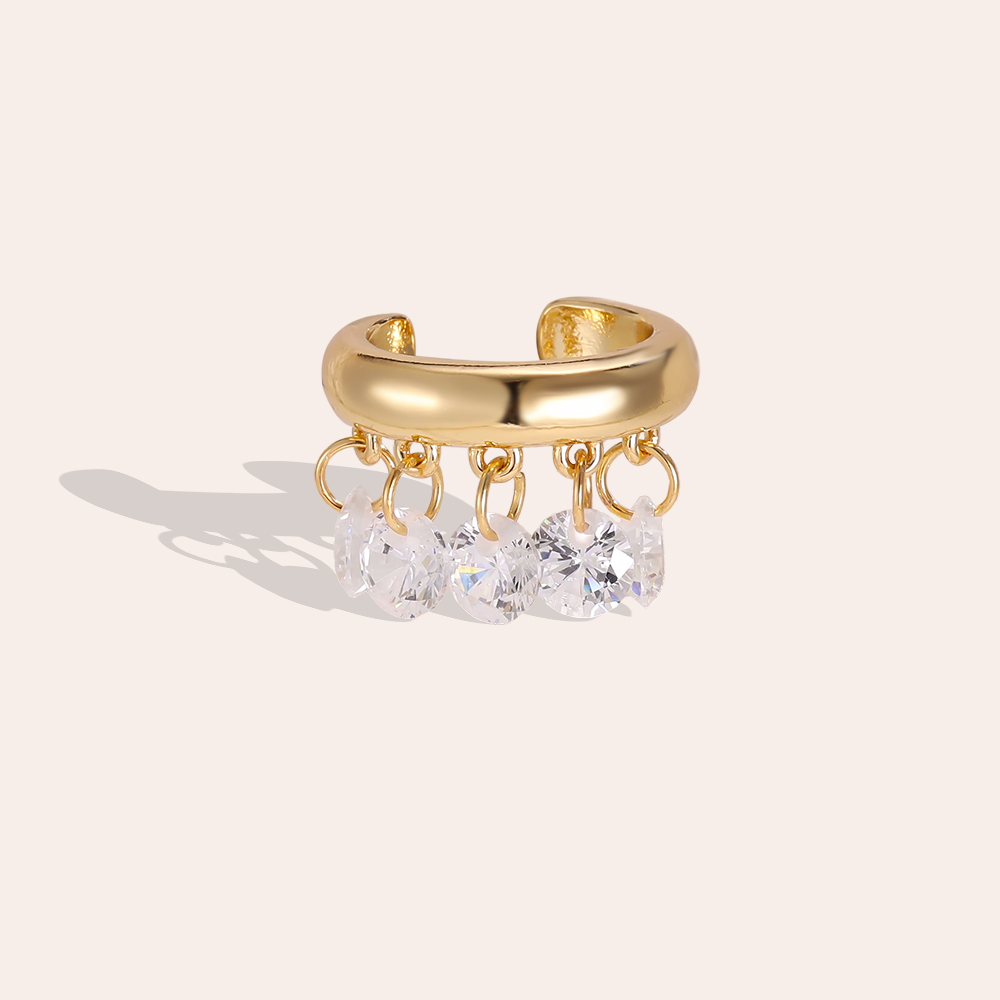 Gold-plated ear cuffs with a 14mm round crystal pendant featuring cubic zirconia 