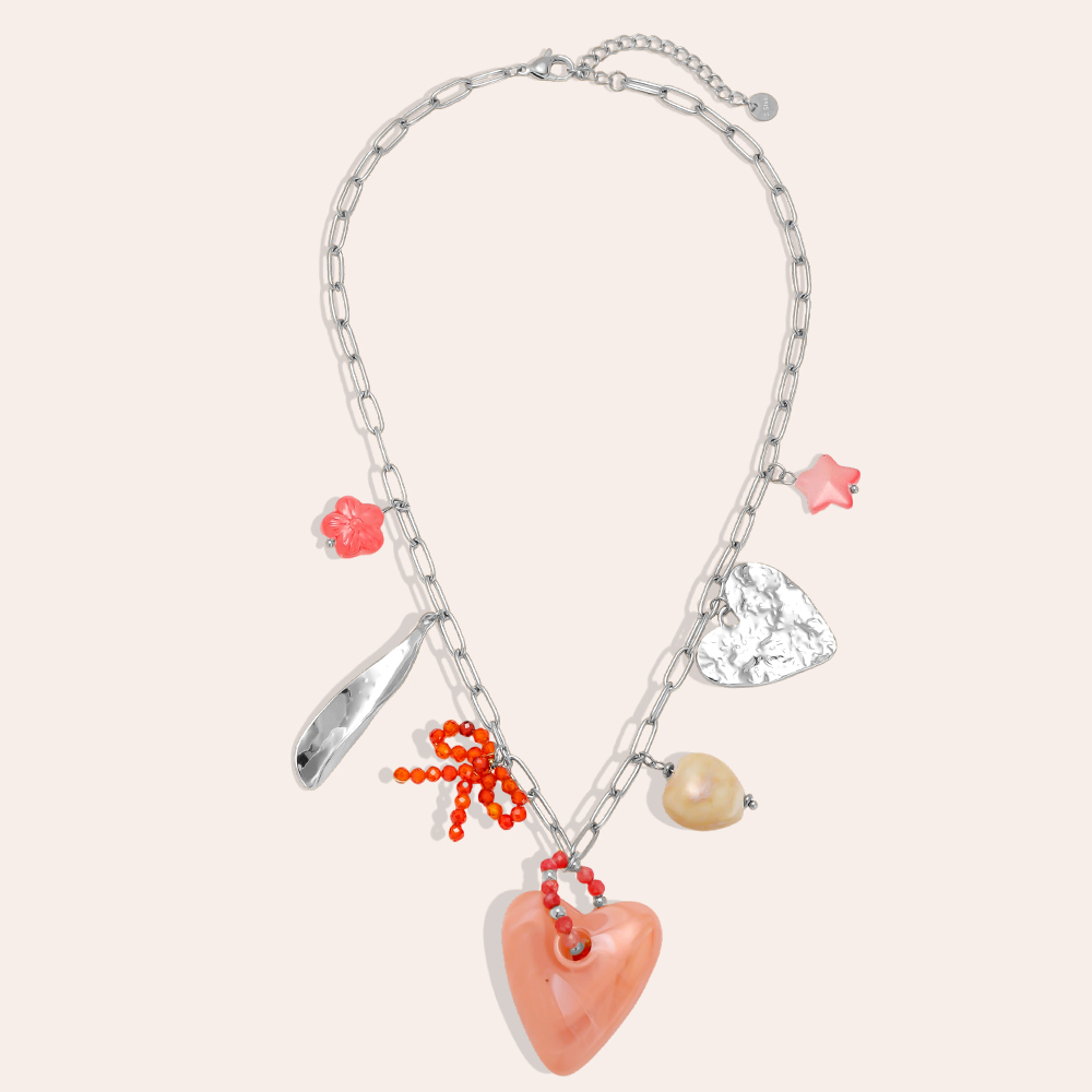 Stainless steel necklace, 40cm, with a pink acrylic heart and decorative elements