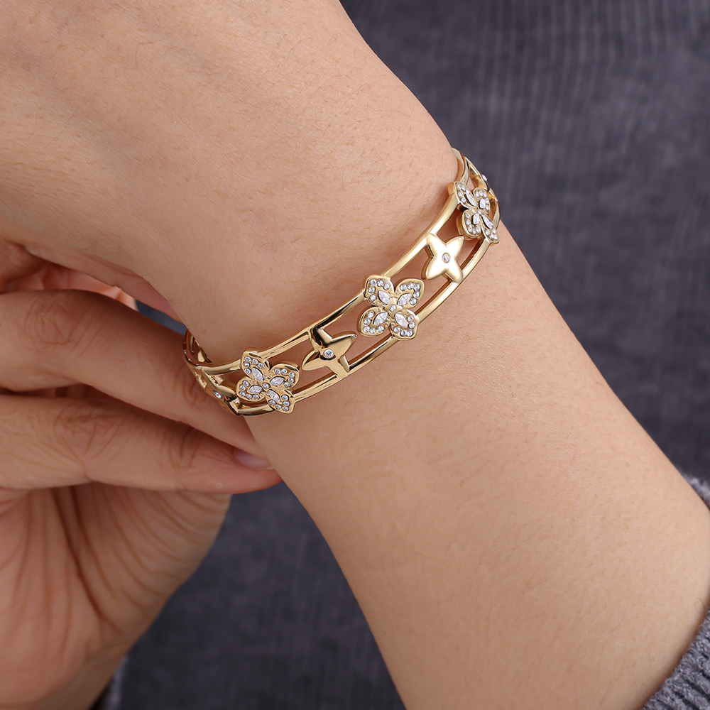 Adjustable Nice Diamond Lucky Flower stainless steel bangle      