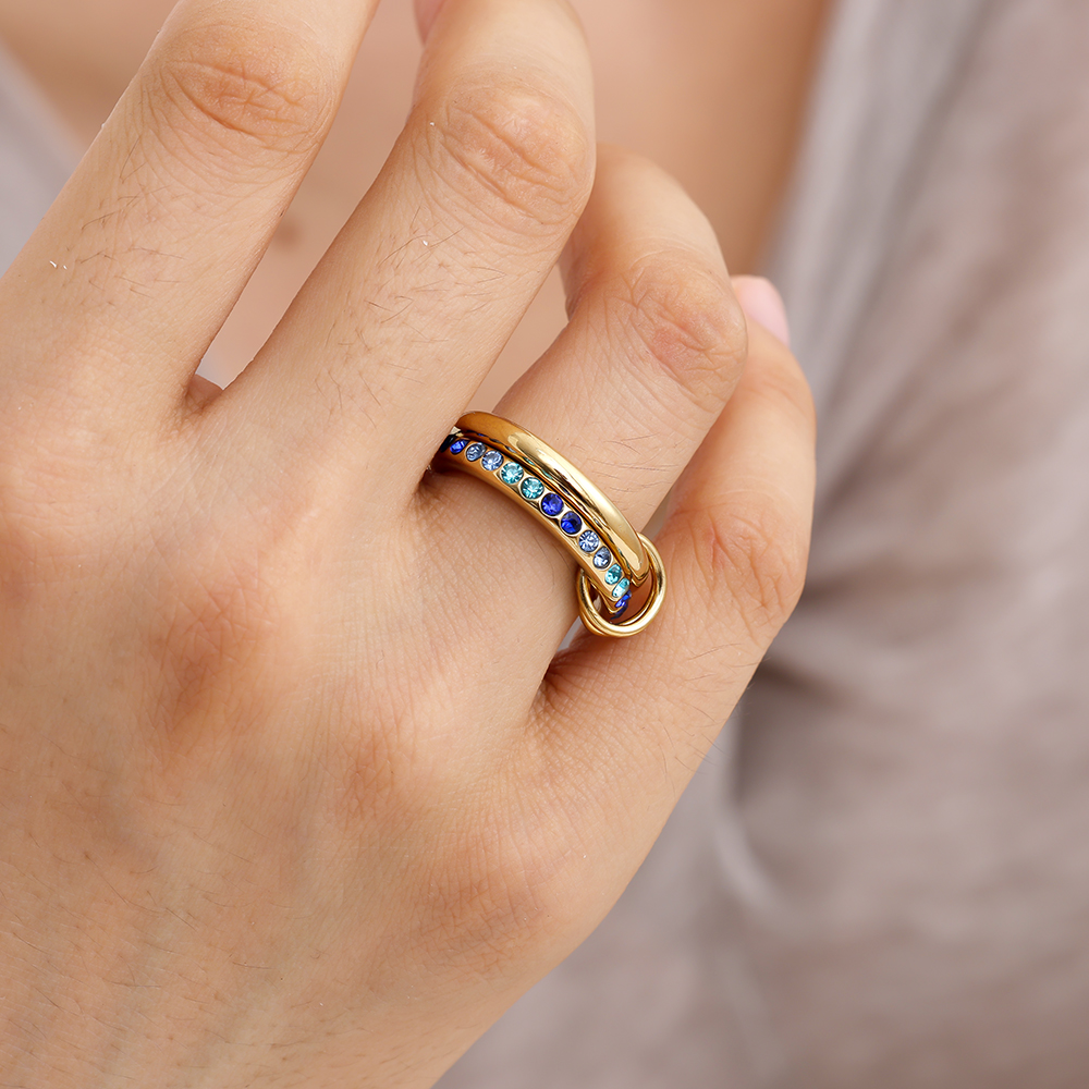 Two Layer Blue Colour Gradient Diamond Stainless Steel Ring    