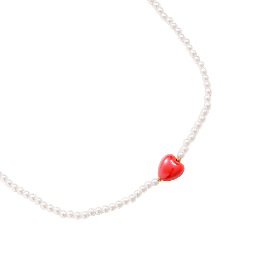 40cm Red Heart In Small Pearl Chain Stainless Steel Necklace 