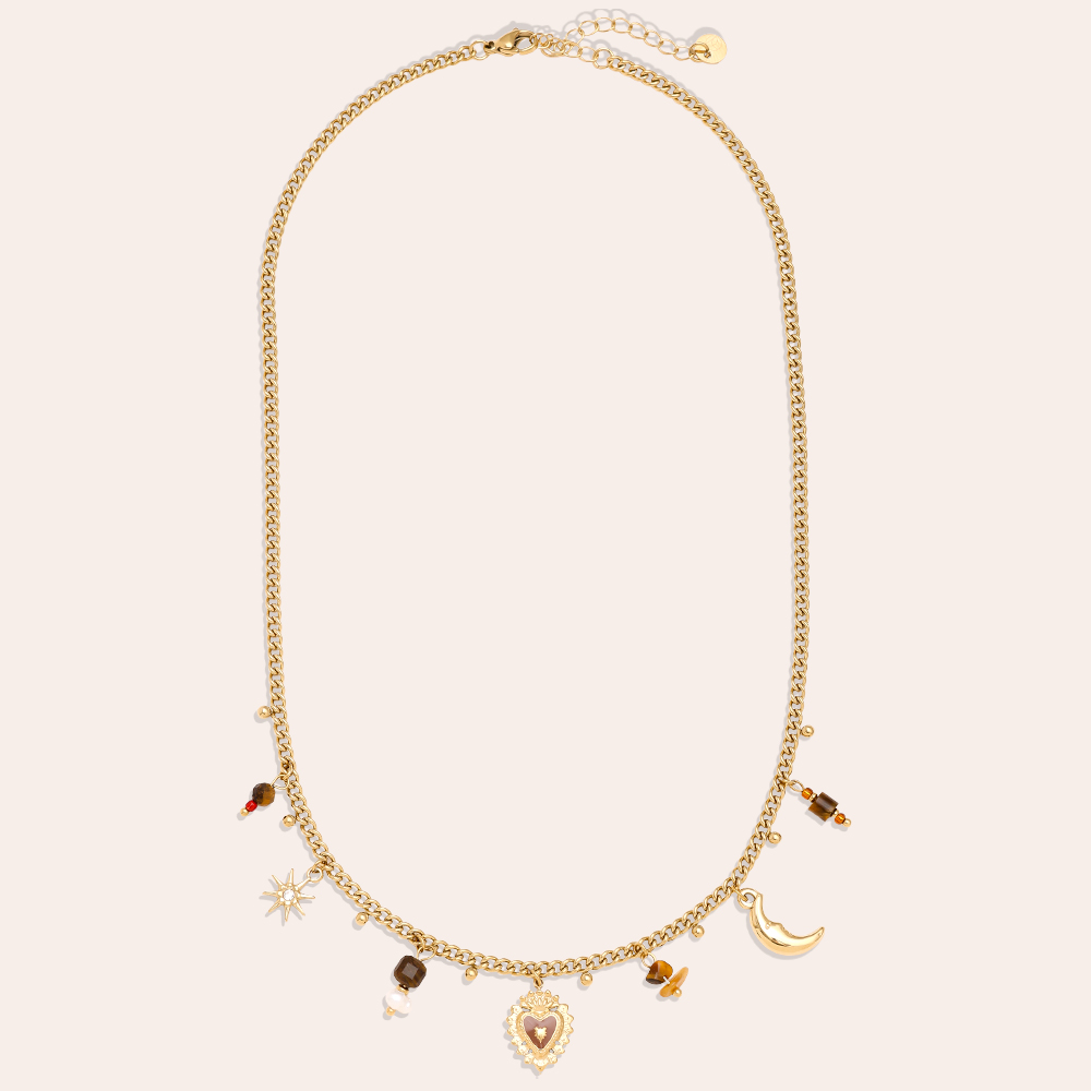 42cm Natural Stone And Charms Stainless Steel Necklace   