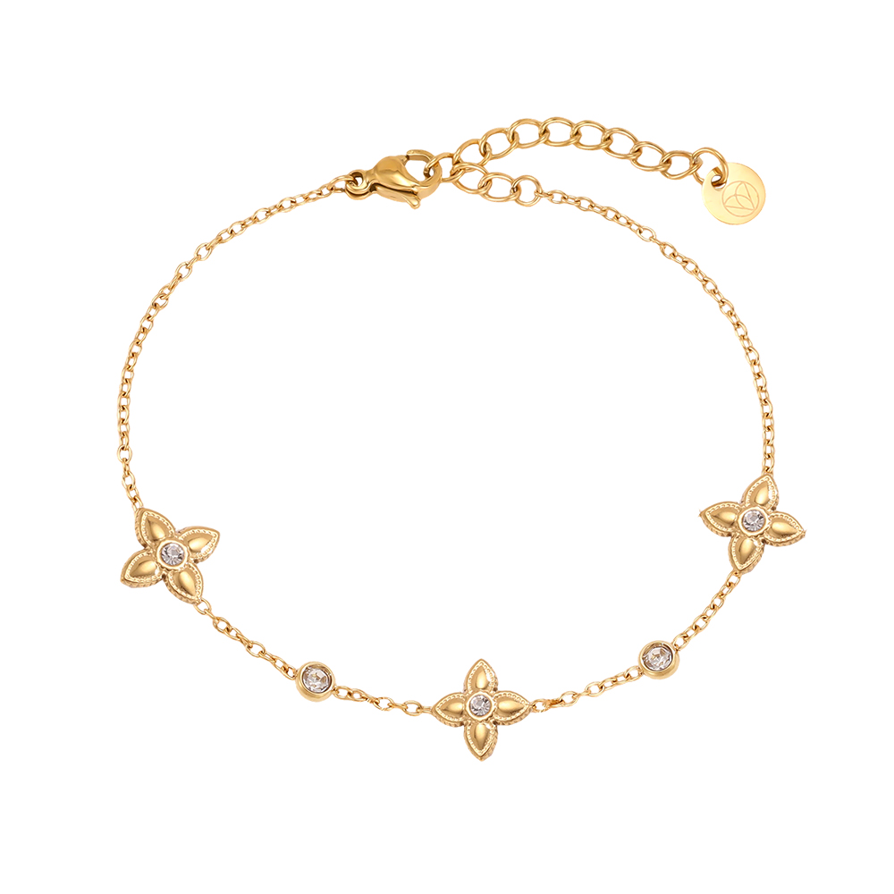 Stainless steel bracelet, 16.5 cm, four-leaf clover with cubic zirconia  