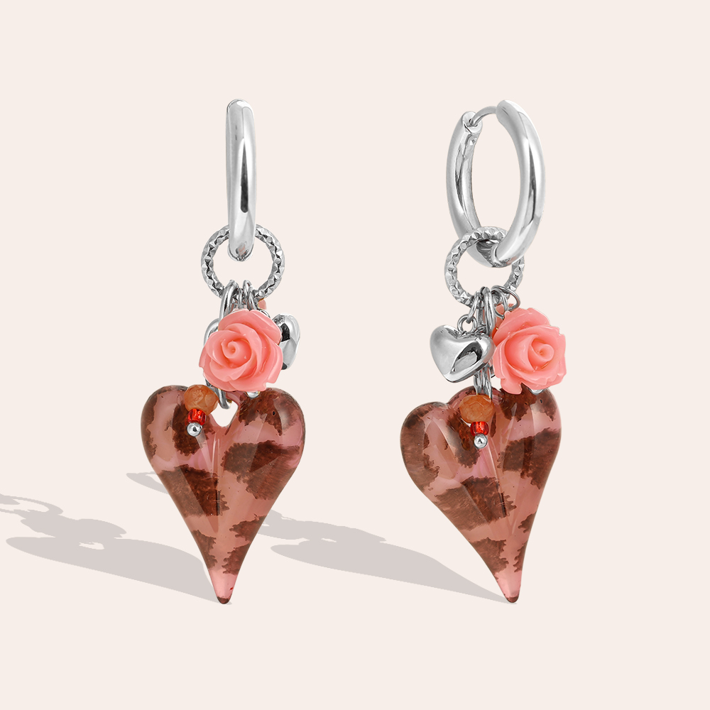 5.5*2cm Acrylic Pink Leopard Print Heart Stainless Steel Earrings   