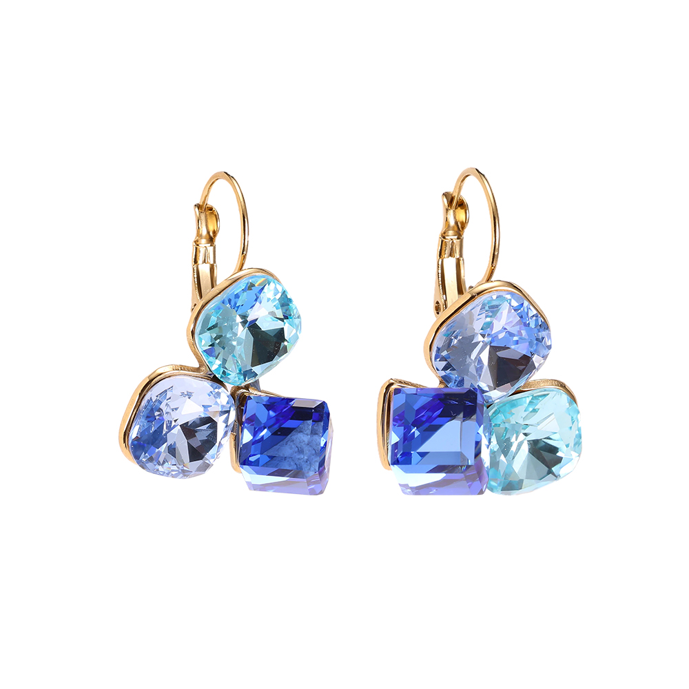 Stainless steel earrings, 30 × 21 mm. Three large glass stones in different colours