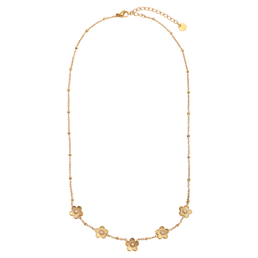 Stainless steel necklace 41cm Five flowers with small faux pearls