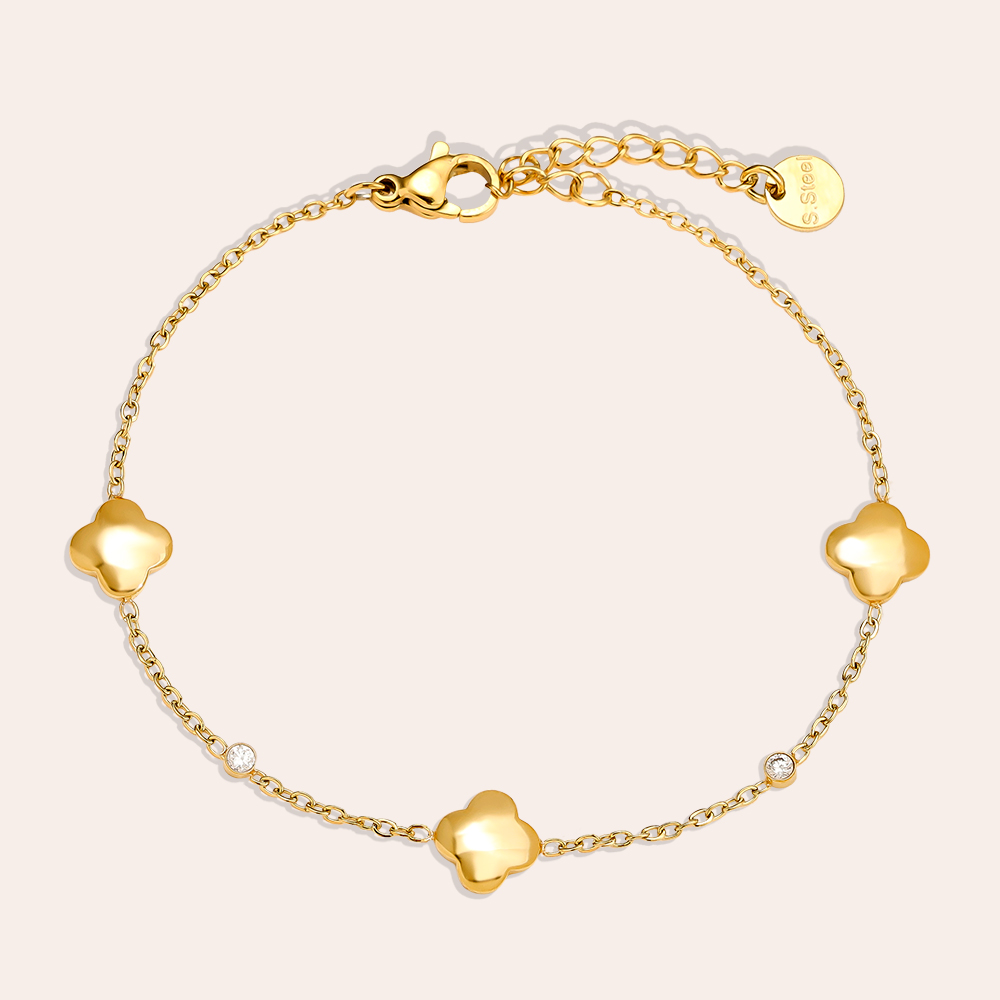 16cm Classic Luckly Flower And Diamond Dots Stainless Steel Bracelet   