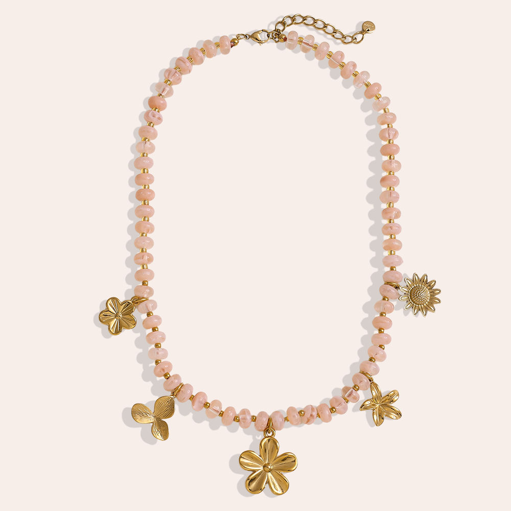 47cm small acrylic beads and golden flowers stainless steel necklace    