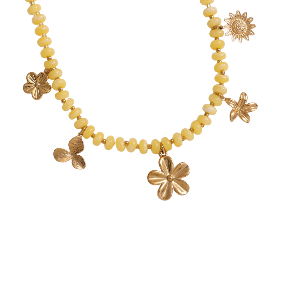 47cm small acrylic beads and golden flowers stainless steel necklace    