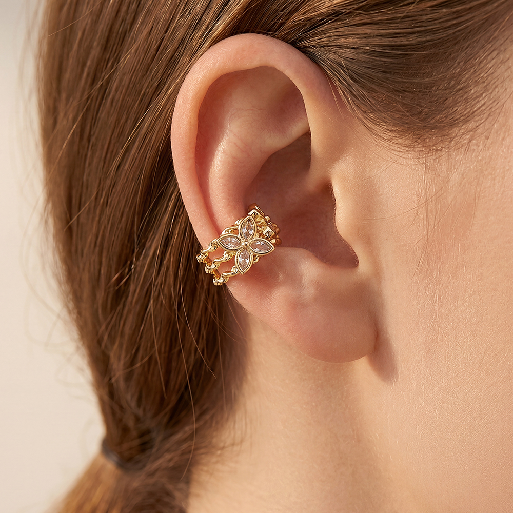 Gold-plated ear cuffs 15mm zirconia double cloverleaf 