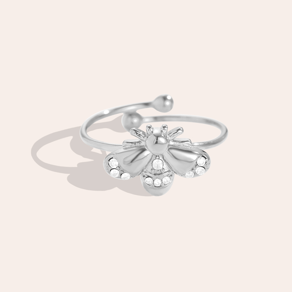 Adjustable rhinestone bee stainless steel ring