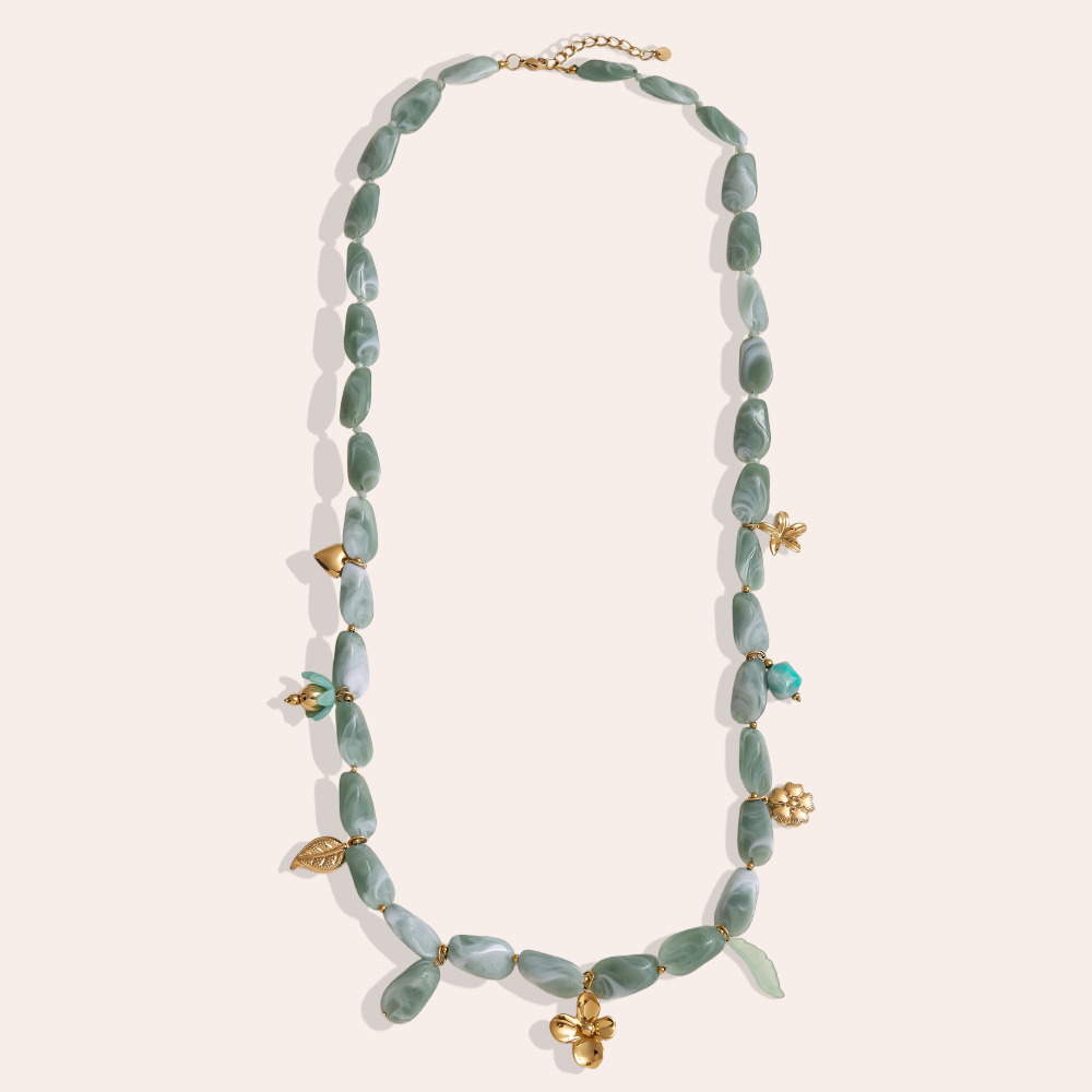 90cm elongated acrylic pieces and golden flower pendant stainless steel necklace      