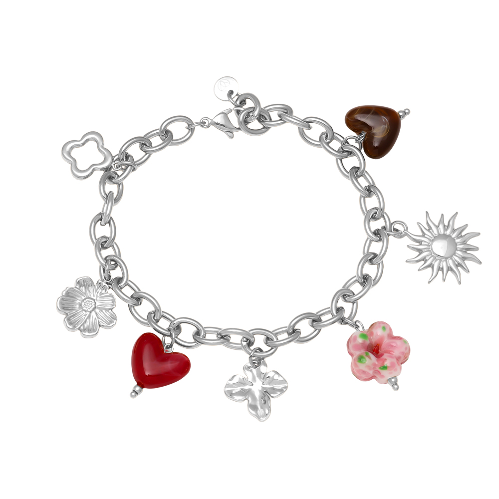 17cm acrylic heart flower beads stainless steel bracelet