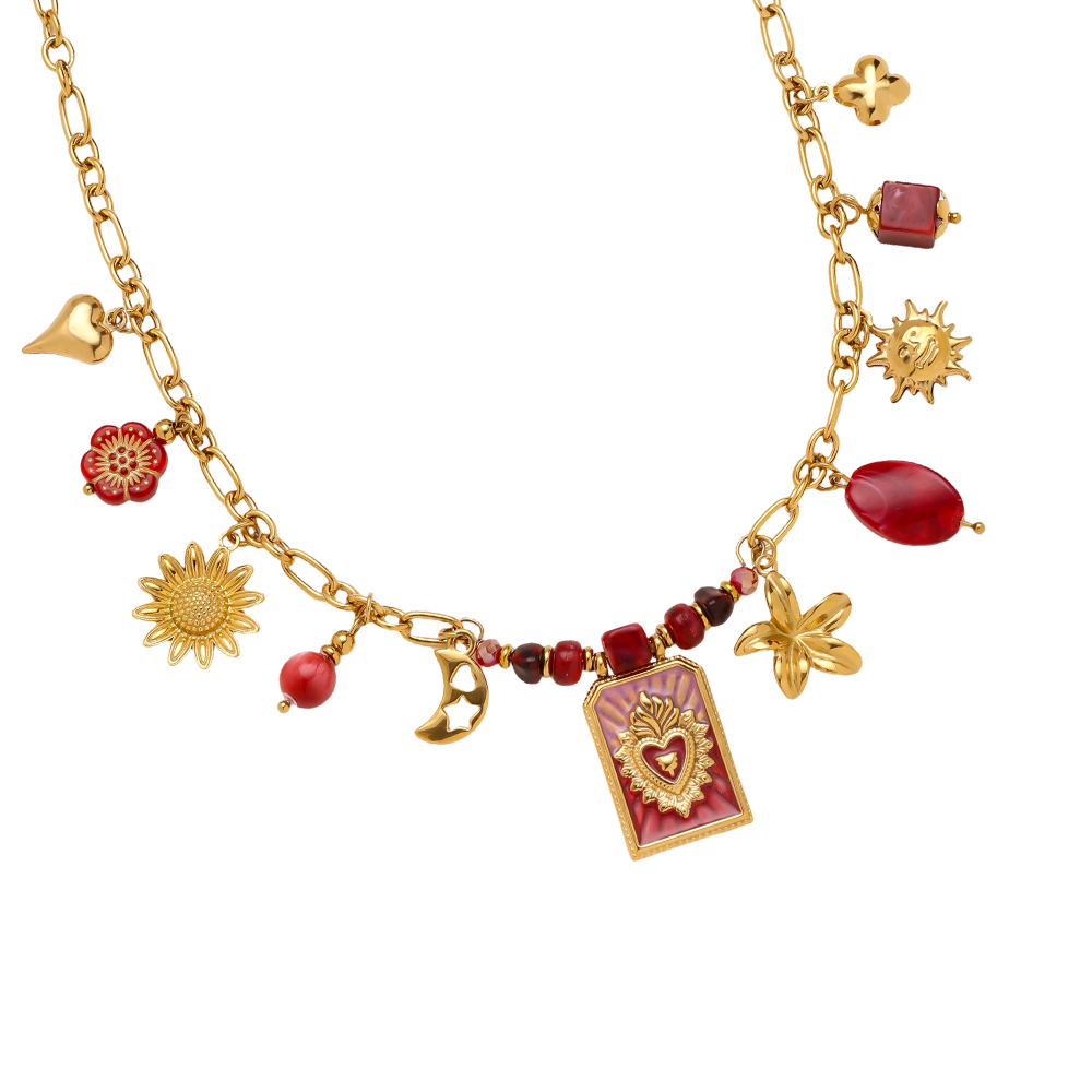 Stainless steel necklace 43cm frame with heart and flowers