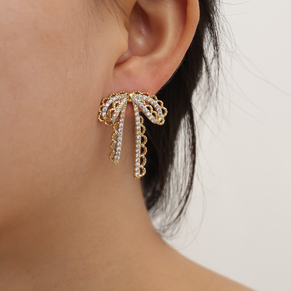 32mm Sparkling Diamond Bowtie Gold Plated Earrings   