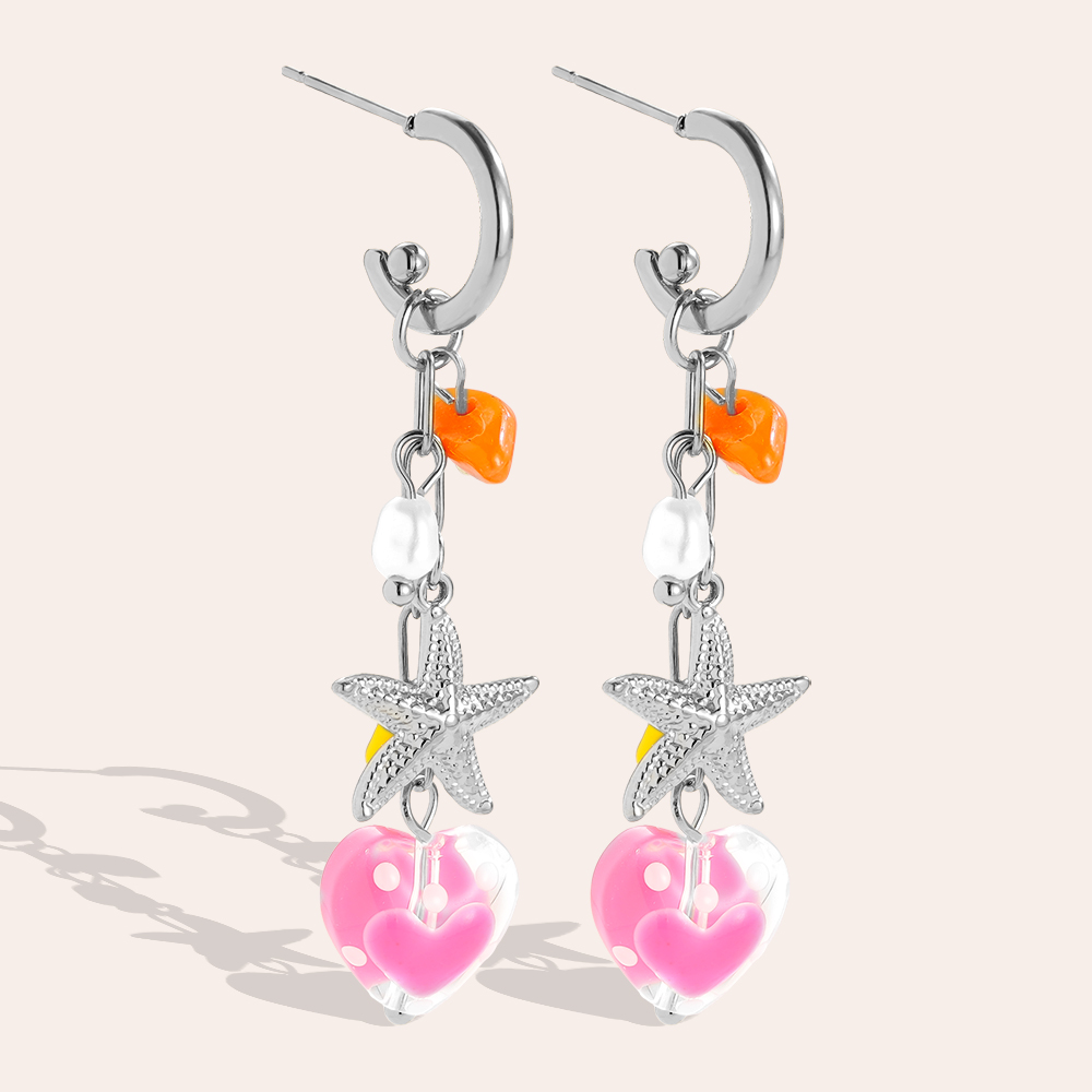 56*12mm acrylic heart and starfish stainless steel earrings