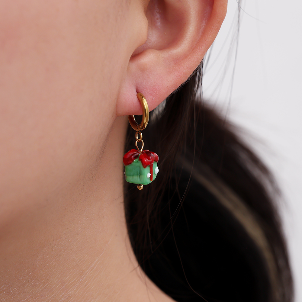 1.2*2.6cm Xmas Green Gift Stainless Steel Earrings 